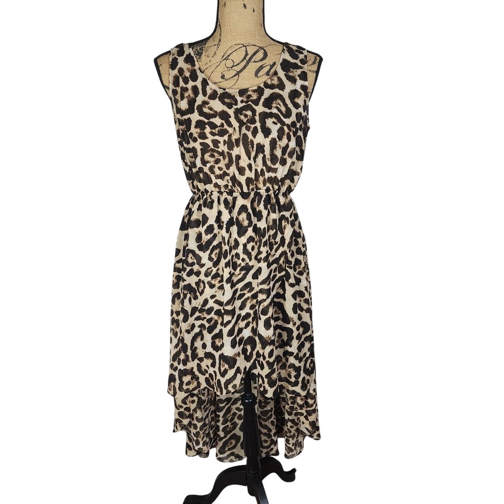 Y2K SANS SOUCI Size Med Cheetah Animal Print Chiffon Sheer Bodice Hi-Low Dress